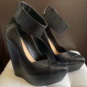 BCBG Nayoko Black Ankle Cuff Wedge Sandals